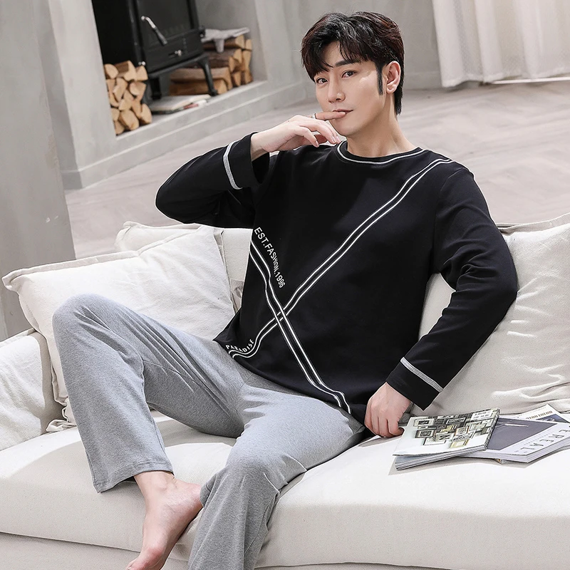 QUHENG Men Pajama Sets Cotton Pijama Round Neck Autumn Sleepwear Long Sleeve Nightwear Male 2 Pieces Sets Casual Homewear