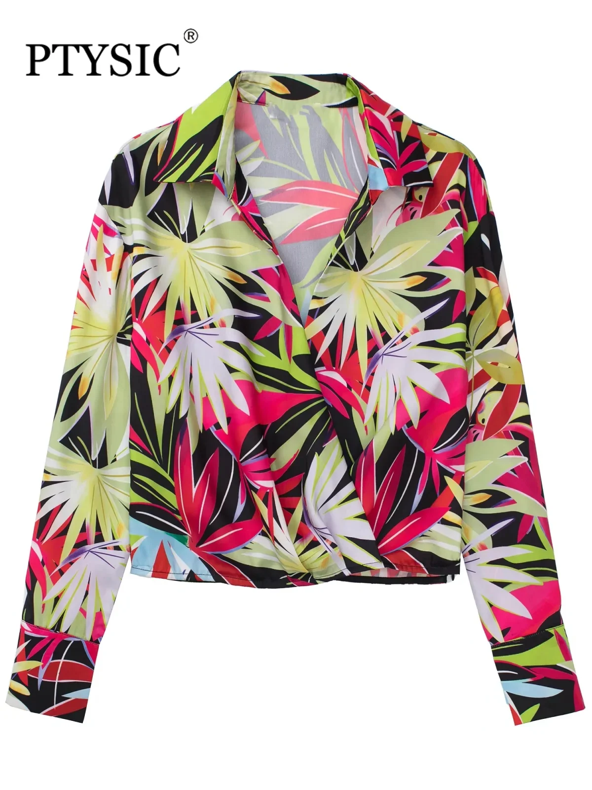 

PTYSIC Women Holidaywear tropical Style Print Blouses 2022 Summer Full Sleeve With Buttoned Side Zippers Pullover Casual Tops