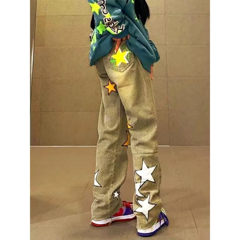 Vintage Star Print High Waist Jeans Women Harajuku 90s Aesthetic Denim Long Trousers Ladies Streetwear Outfits Straight Pants