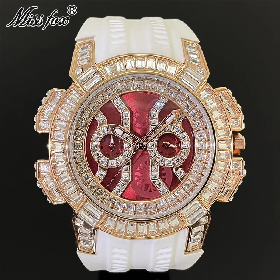 

MISSFOX Iced Watch For Men Luxury Diamond Waterprof Big Clock Fashion Silicone Strap Quartz Wristwatch Automatic Date Week Reloj