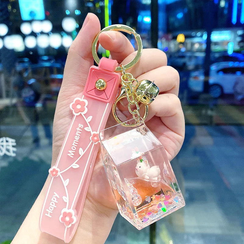

Cute Transparent Milk Box Rabbit Frog Liquid Keychain Cartoon Flower Floating Bottle Sequins Pig key Chain Bag Pendant Girl Gift