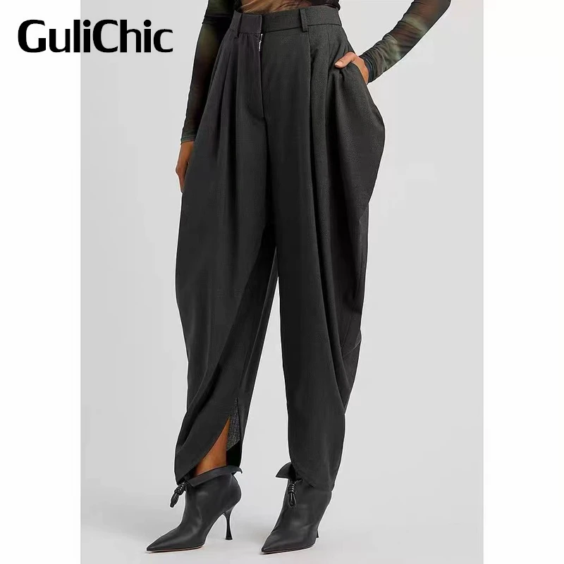 12.1 GuliChic Women Asymmetric Tapered Pants Loose Comfortable Draped Casual Pants