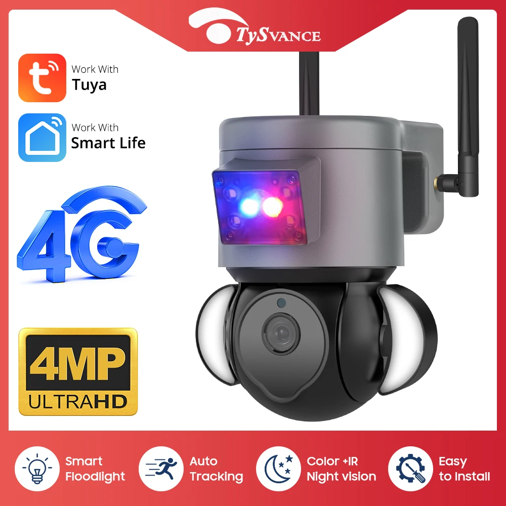 Tuya 4G Camera PTZ Camera Dome 4MP Wireless GSM SIM Card IP Camera Security Smart Life Outdoor CCTV P2P IR Night Vision 30M