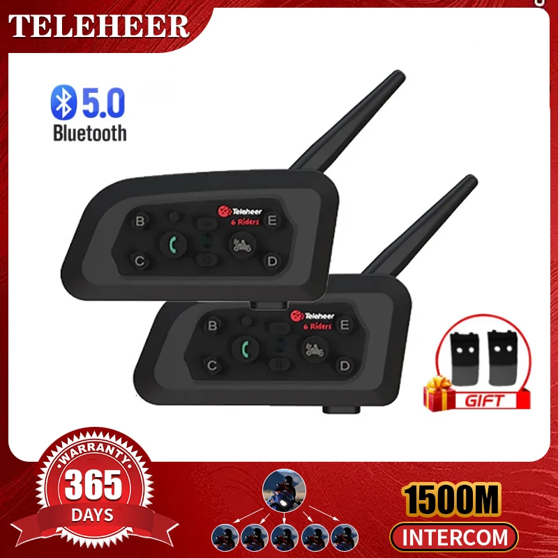 Teleheer V6 Plus Motorcycle Helmet Headset Bluetooth 1500M Full Duplex  Interphone Communicator For 6 Riders GPS Waterproof V6