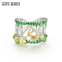 gems beauty natural peridot gemstone sterling silver adjustable ring deer in the woods animal ring enamel jewelry gift for her