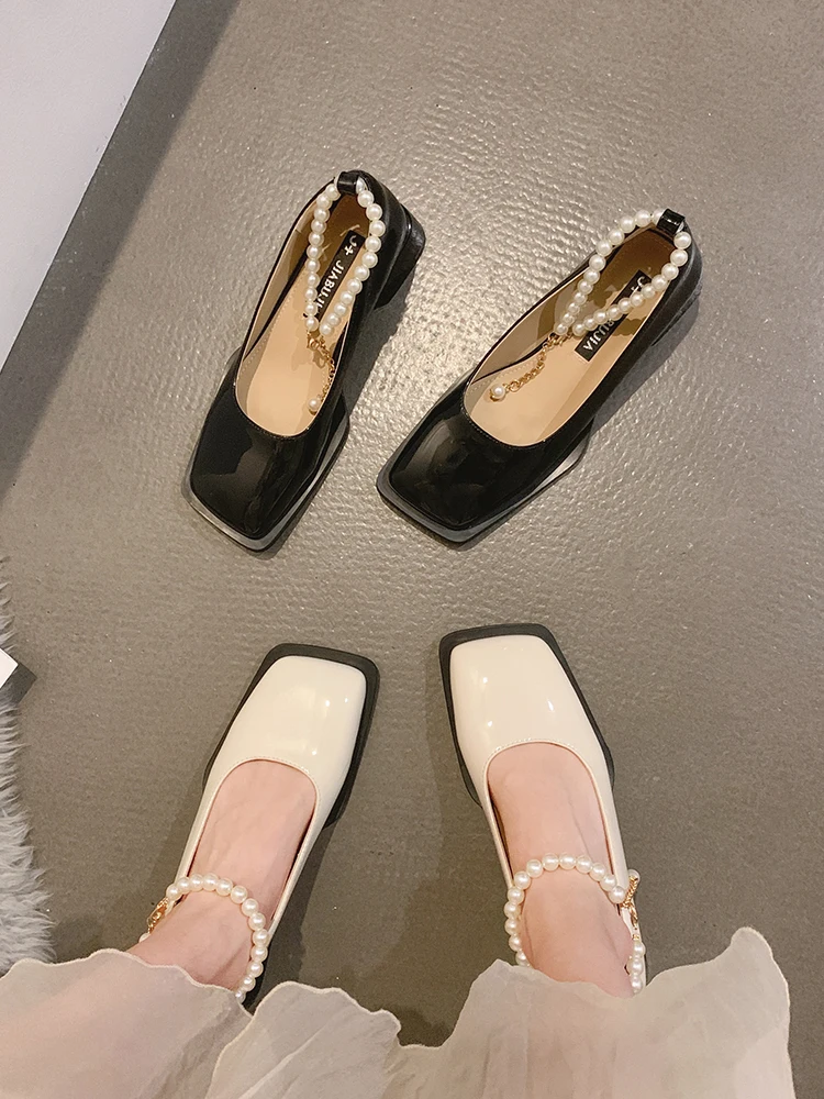 

Women's Shoes Mary Jane 2022 Spring and Autumn New Retro Pearl Square Toe Chunky Heel Non-slip Leather Shoes
