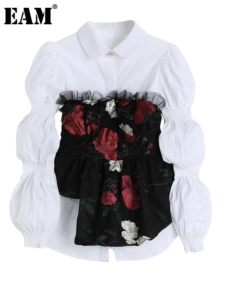 

[EAM] Женская белая плиссированная темпераментная блузка, новая свободная рубашка с отложным воротником и длинными рукавами-фонариками, весн...