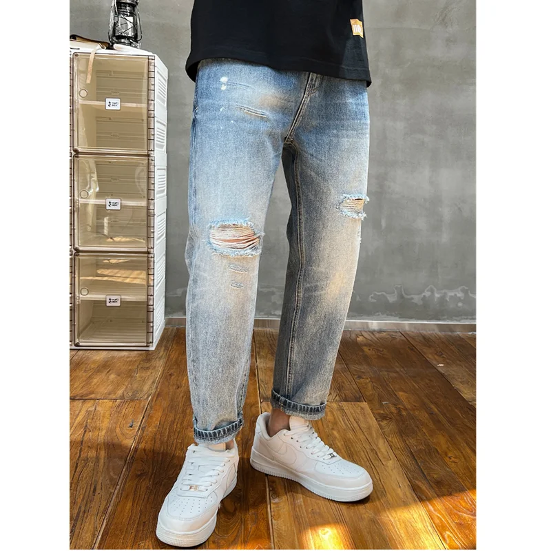 Streetwear Men 2022 New Pattern Recreational Black Ripped Ninth Pants Straight Cylinder Comfortable Loose Jeans Autumn Female
