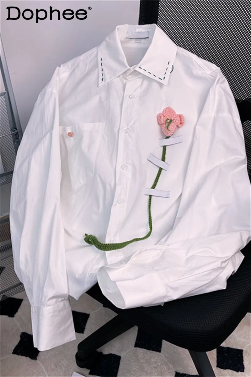 

Korean Chic Knitted Flower Decorative White Long-Sleeve Shirt Women's Spring Autumn Artistic Lazy Loose Casual Blouse Top Femme