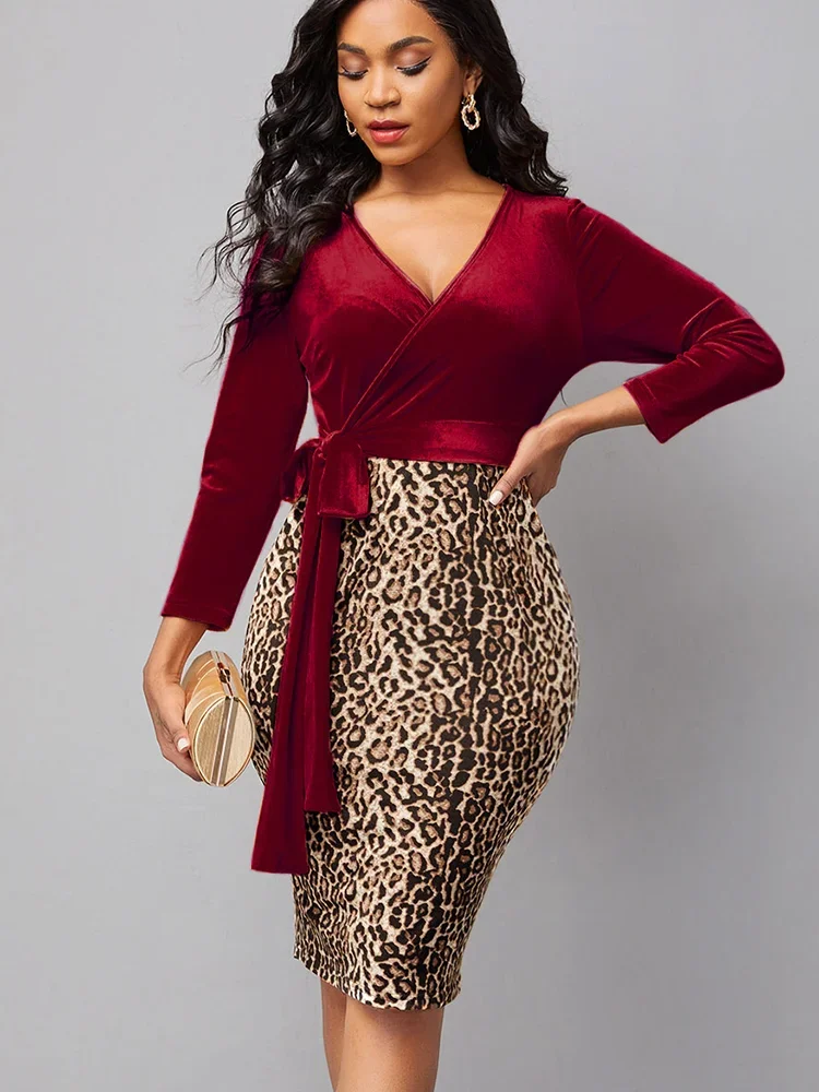 

Sexy Leopard Print V-neck Long-sleeved Work Dresses