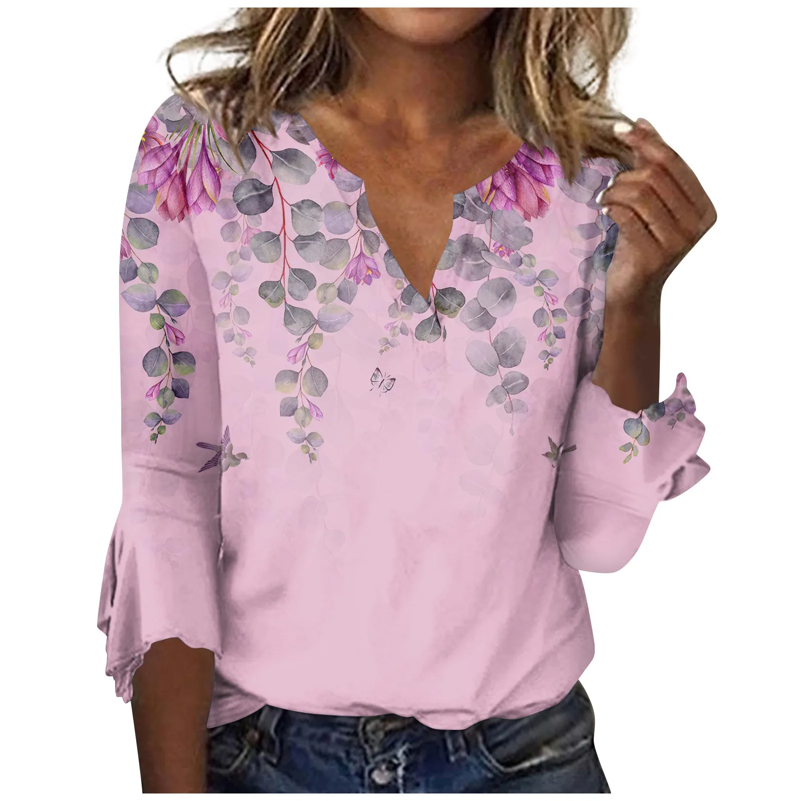 

Shirts For Women Cute Flowers Print Graphic Tees 3/4 Sleeve V Neck Blouses Casual Plus Size Basic Tops Pullover blusa mujer moda