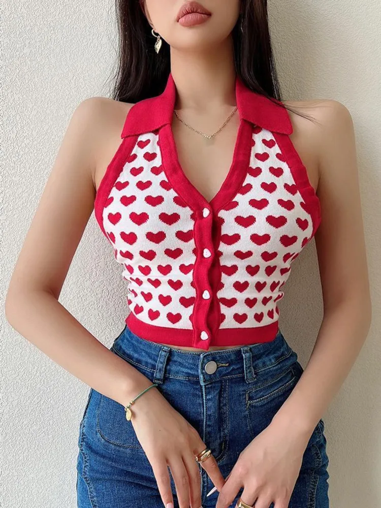 

Женский ретро-жилет WOMEGAGA в европейском стиле с принтом в виде сердца, Женский однобортный жилет с отворотом, уличная тонкая трикотажная май...