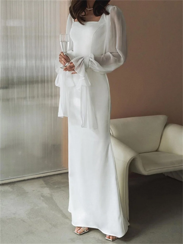 Женское длинное платье с оборками высокой талией и поясом