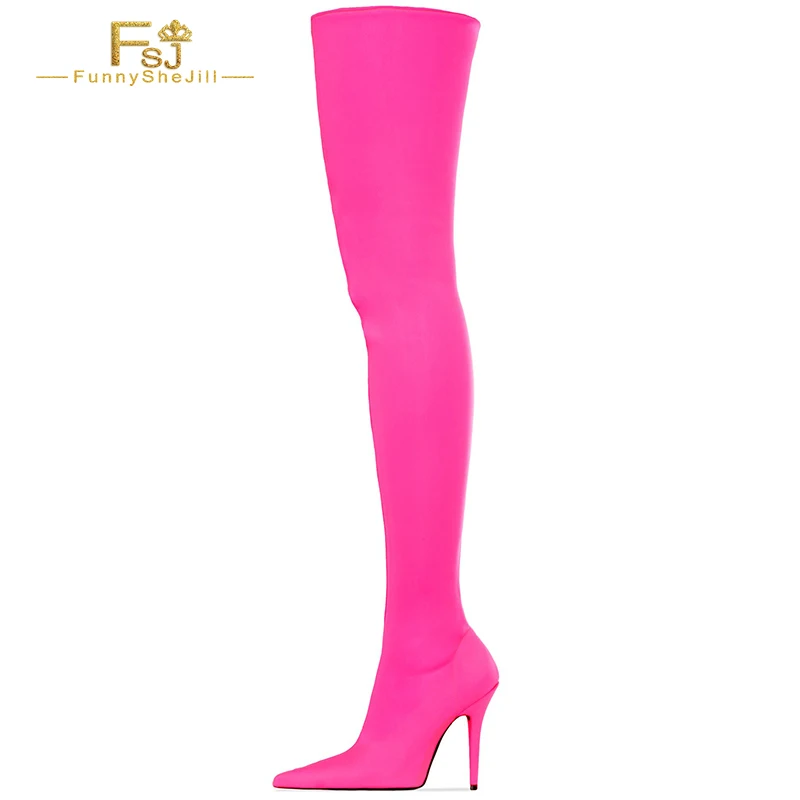 Pointed Toe High-Heeled Boots Pink Over-The-Knee Boots Thin Heels Women's Slim Shoes Winter Ladies Mature Large Size 10 11 FSJ