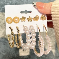 6 pairsset french vintage pearl hoop earring set for women star heart round zircon ear studs elegant circle earring set