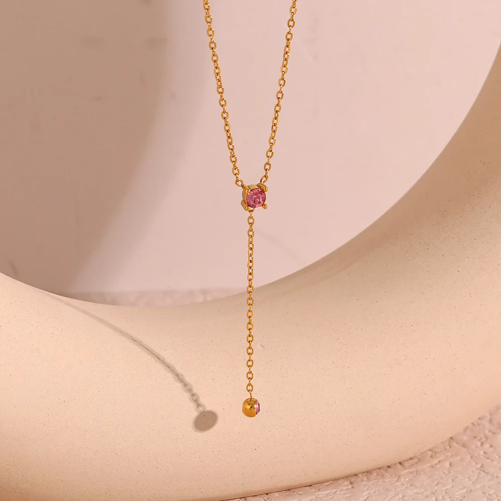 

316L Stainless Steel Round Zircon Tassels Pendant Necklace High Quality 18K Plated Women Collar Necklace