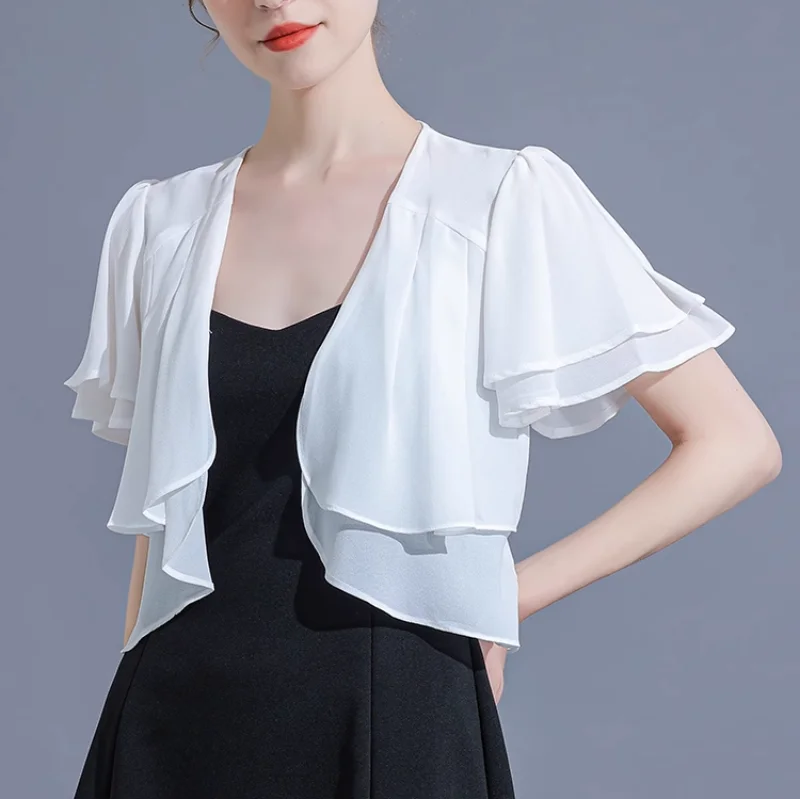 

Женский кардиган-болеро с коротким рукавом, шифоновая накидка, шали с открытым спереди, болеро, свадебная куртка, укороченные топы, одежда