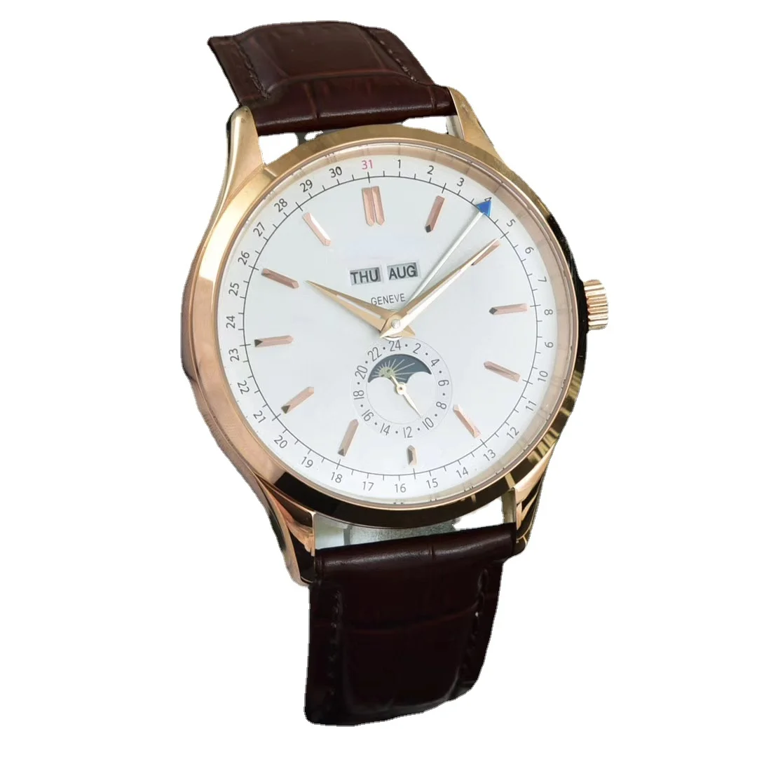 

mens mechanical watch Moon Phase automatic Rose Gold Black Brown Leather