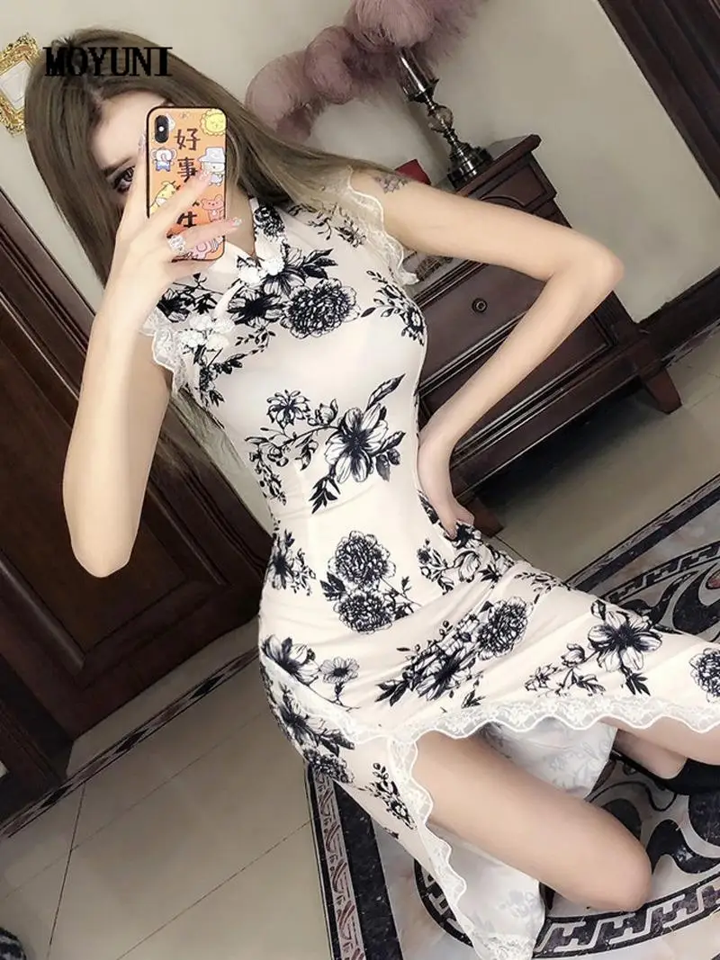 

Женское кружевное платье-Ципао без рукавов, элегантное пикантное платье в китайском ретро-стиле, вечернее праздничное платье, лето