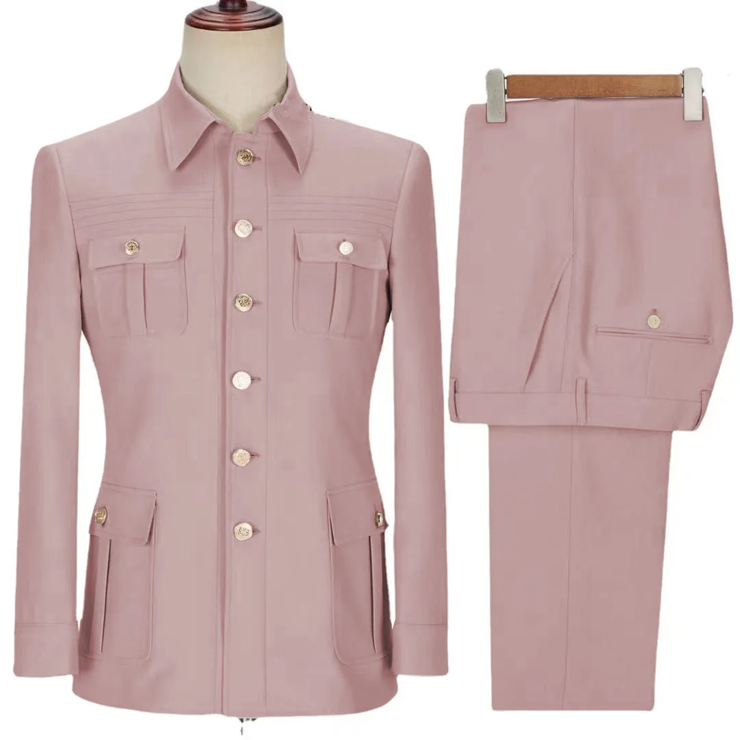 

Lansboter Pink Men Suit 2 Pcs Gold Button Square Collar Tailor-made Formal Casual Business Official Work Wear Jacket With Pants