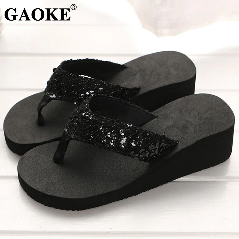

New Arrival Women Fashion Platform Mid Heel Flip Flops Beach Sandals Bowknot Slippers Shoes Soft Comfortable Women Summer Shoes