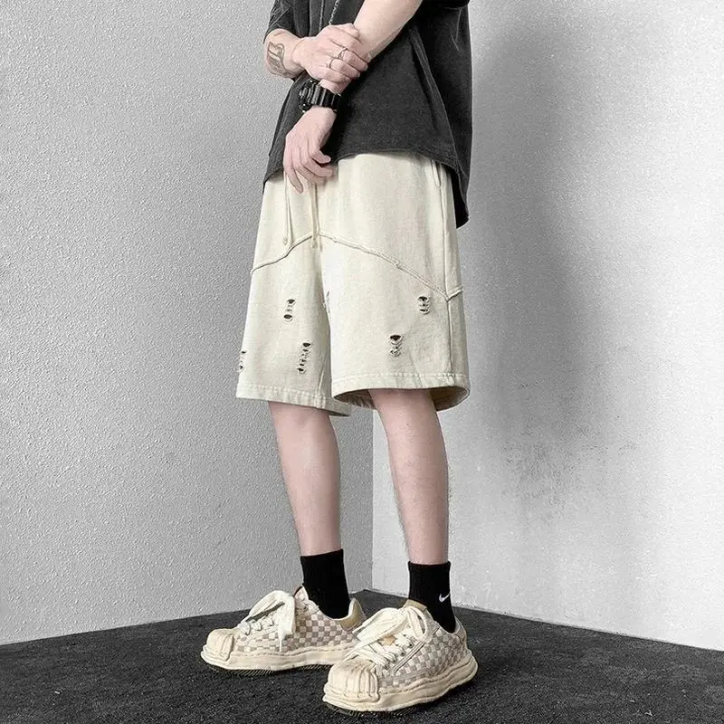 American Vintage Perforated Shorts Men's Summer Fashion High Street Distressed Capris Loose Versatile Casual Pants