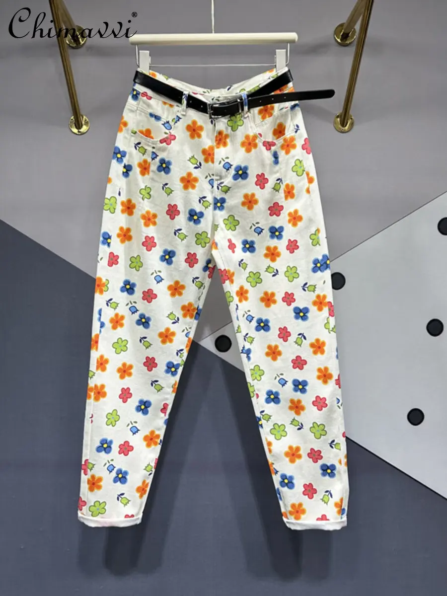 

Женские джинсы с цветочным принтом, универсальные зауженные брюки-султанки с высокой талией в европейском стиле, лето 2023