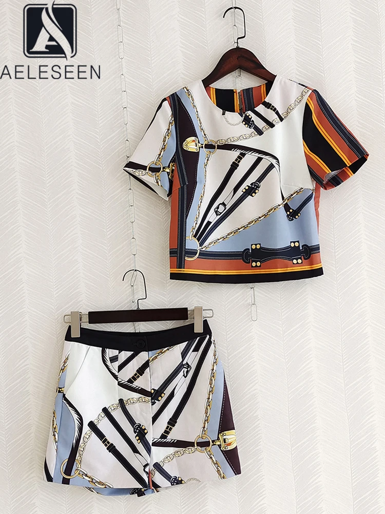 AELESEEN Women Casual Shorts Set 2022 Summer Runway Fashion Chian Printed Short Top+ Shorts 2 Pieces Set Vacation Holiday