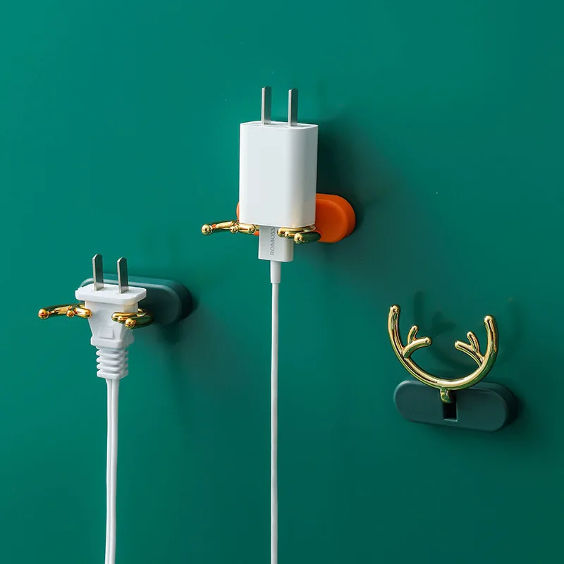 

2pcs Creative Household Traceless Hook Free Punch Plug Holder Data Cable Charger Storage Key Antler Hook Home Products