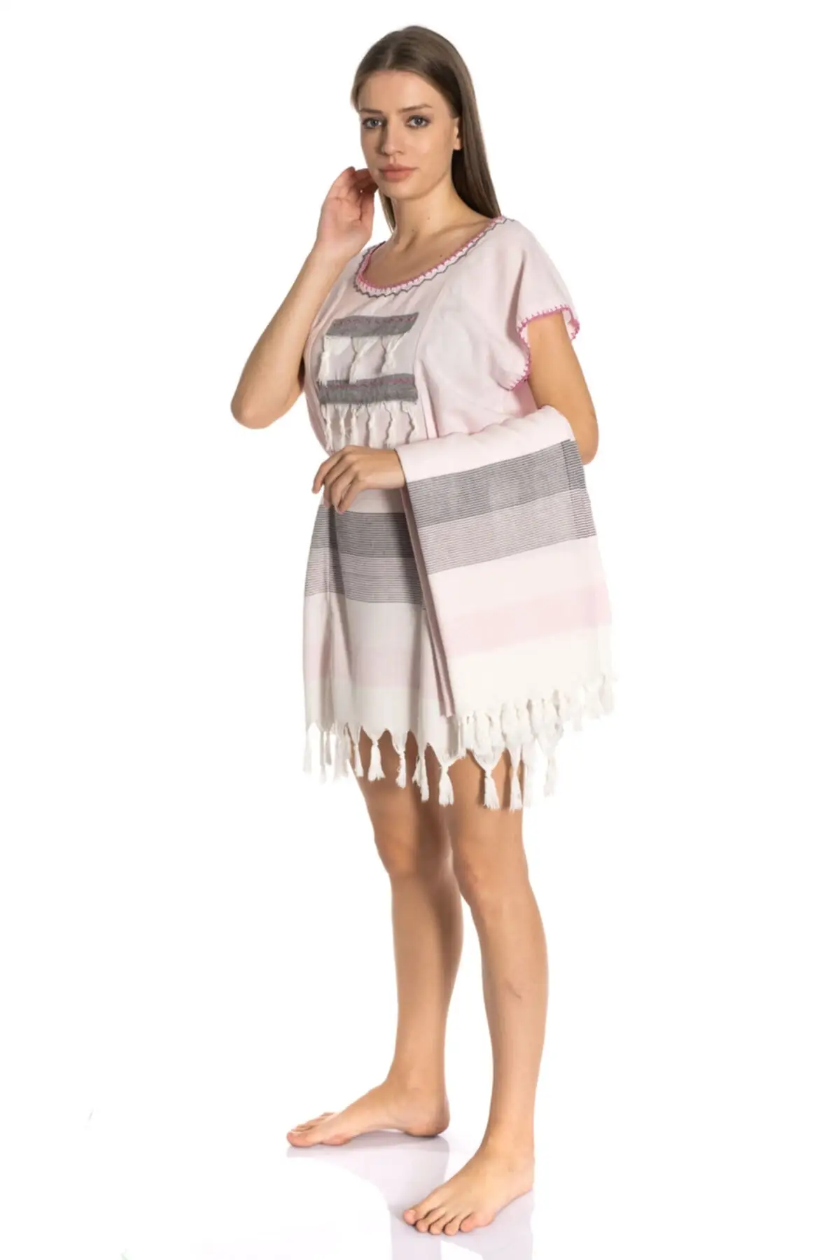Women's Pareo Pink Peshtemal Beach Dress And Peshtemal (Suit) 100% Cotton Yarn Dyed Black Loom Woven Cover Up Dress