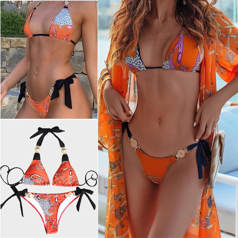 

Fashion Print Swimsuit for Women Sexy Tie Bikini Two Piece Summer Swimwear Sunbathing Wear Bathing Suit Thin Underwear PR Sale