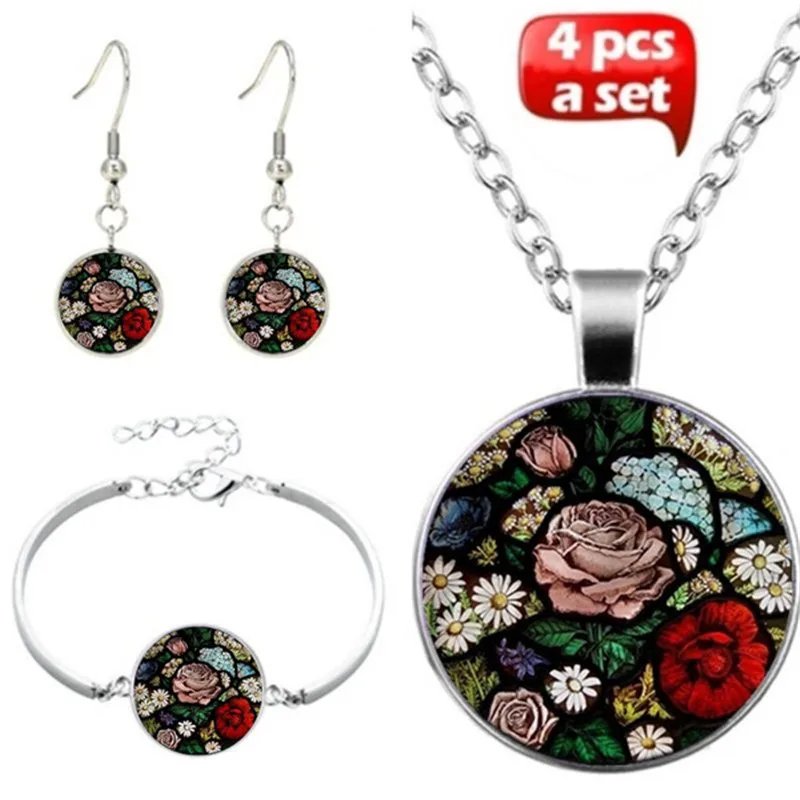 

LE Rose Flower Art Photo Jewelry Set Cabochon Glass Pendant Necklace Earring Bracelet 4 Pcs Women's Party Gifts