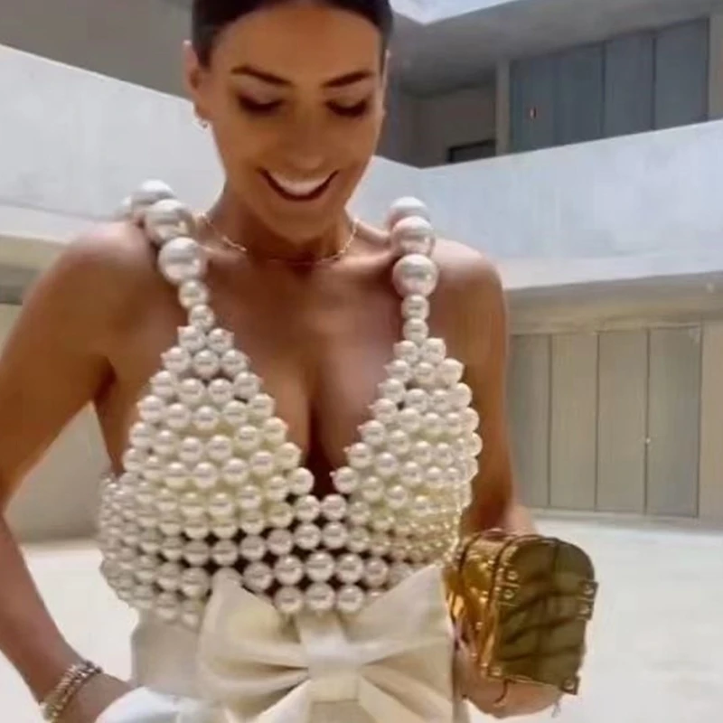

Fashion Knitted Pearls Crop Top Women Exquisite Sexy Outside Beading Tank Tops Streetwear Clothes