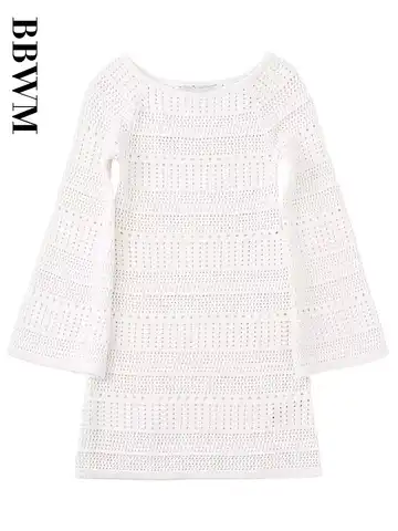Vintage Long Sleeve Party Dresses Women White Knitted Straight Collar Slim Spring Elegant Chic Female Short Dress 2023