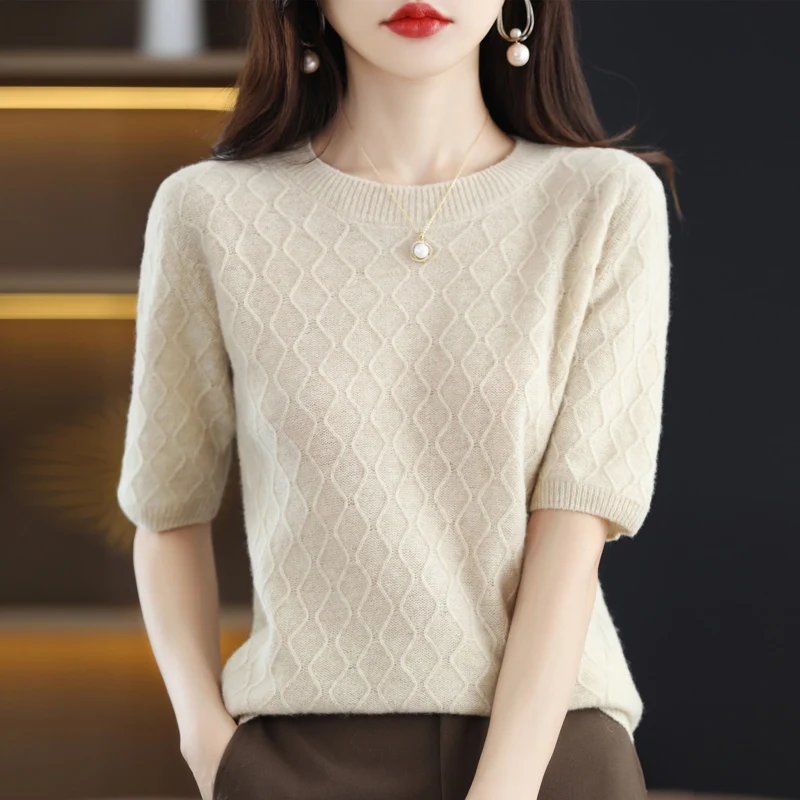 

Женский трикотажный пуловер из 100% мериносовой шерсти, удобная и универсальная футболка с коротким рукавом и круглым вырезом для весны и лета