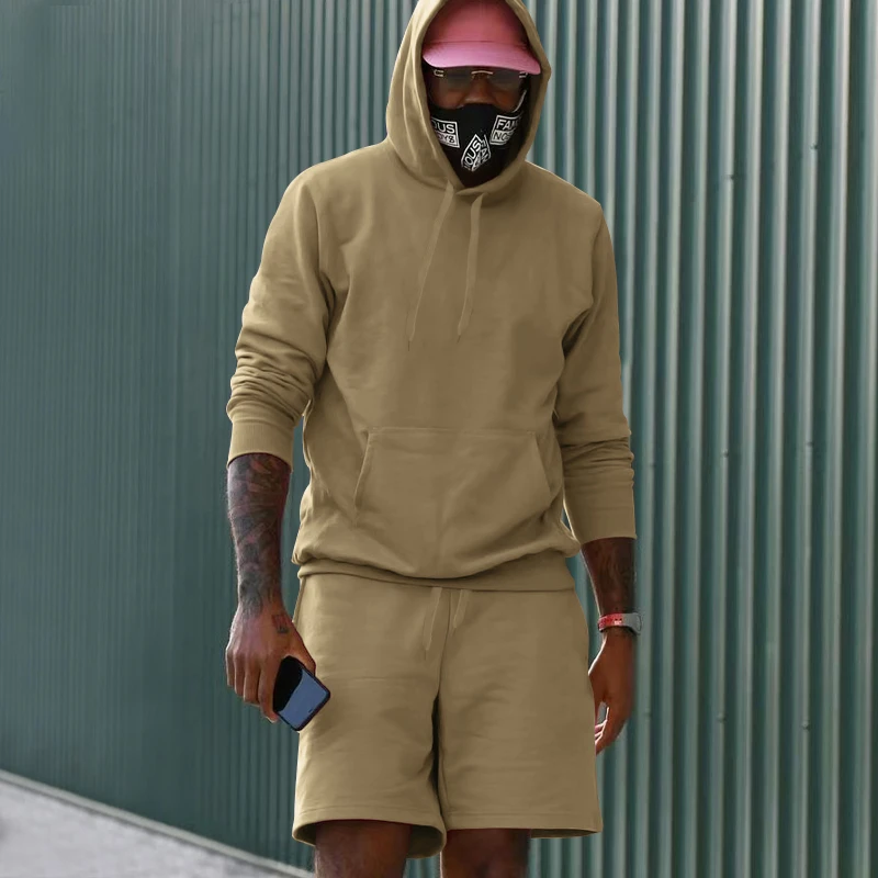 New Hot Selling Spring/Summer Men's Hooded Solid Sweater+Elastic Drawstring Waist Shorts Two Piece Fashion Casual Sports Set