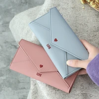 fashion women heart embroidery wallets female simple three fold coin purses long solid color clutch soft pu leather money bag