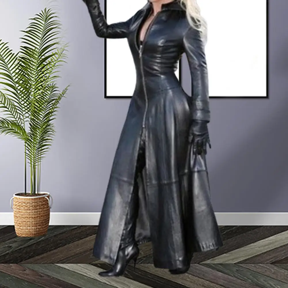 Lady Autumn Coat Solid Color Smooth Surface Cardigan Long Sleeves Split Zipper Faux Leather Plus Size Stand Collar Trench Coat