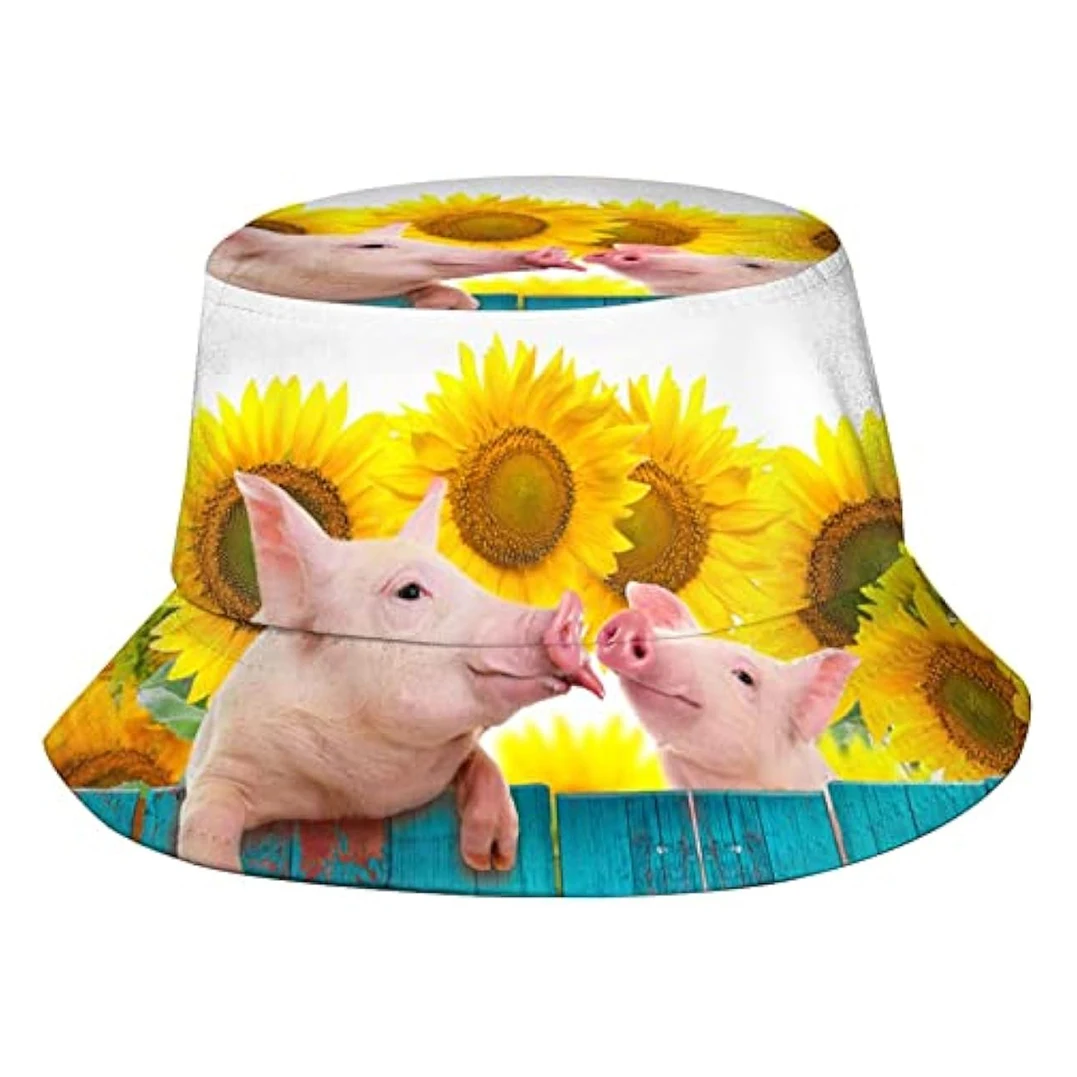 

Funny Pig Sunflower Wood Bucket Hat Sun Beach Packable Fisherman Cap for Women Men Summer Outdoor Hiking