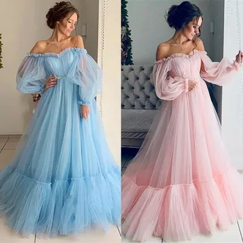 Retro Princess Dress Cute Women Solid Color Long Sleeve Slash-Neck Fashion Gauze Long Full Dress Female Gauze Lantern Dress Robe 1