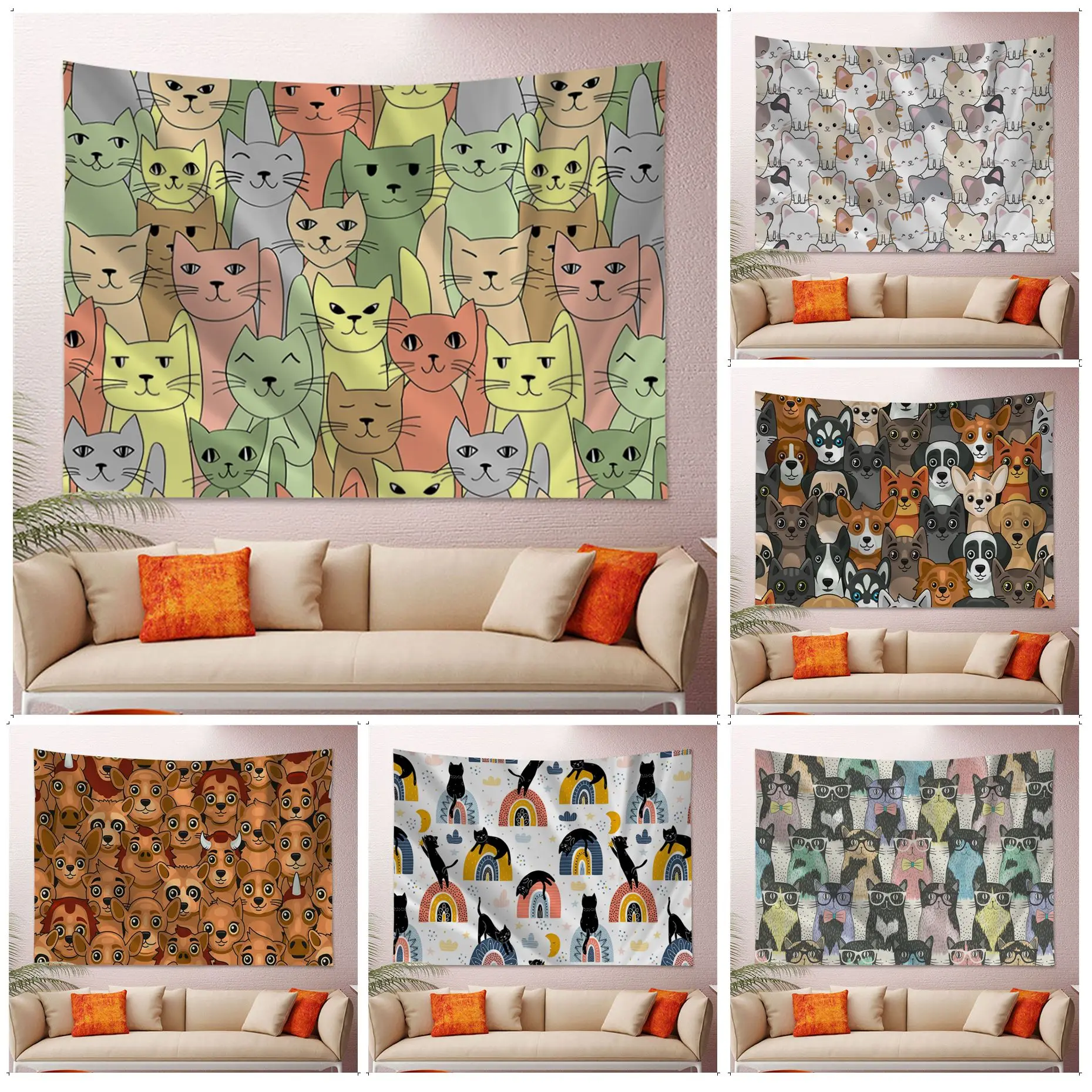 

Cartoon Cat Dog Colorful Tapestry Wall Hanging Hippie Flower Wall Carpets Dorm Decor Art Home Decor