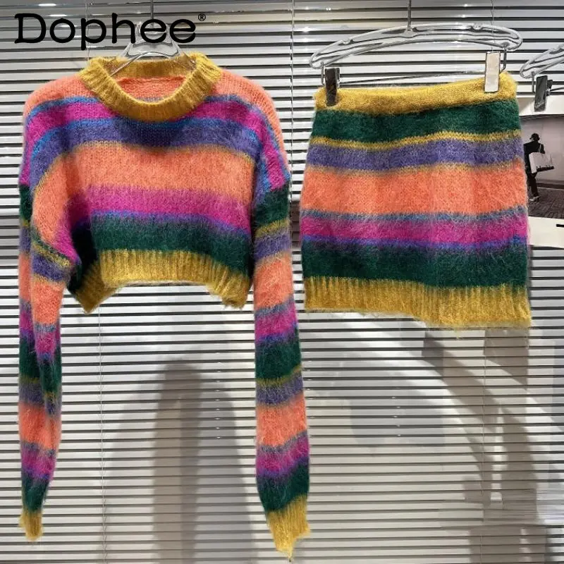 Skirt Set Women 2022 Early Winter New Rainbow Contrast Striped Mohair Knitwear Sets Loose Short Sweater + Elastic Waist Skirts