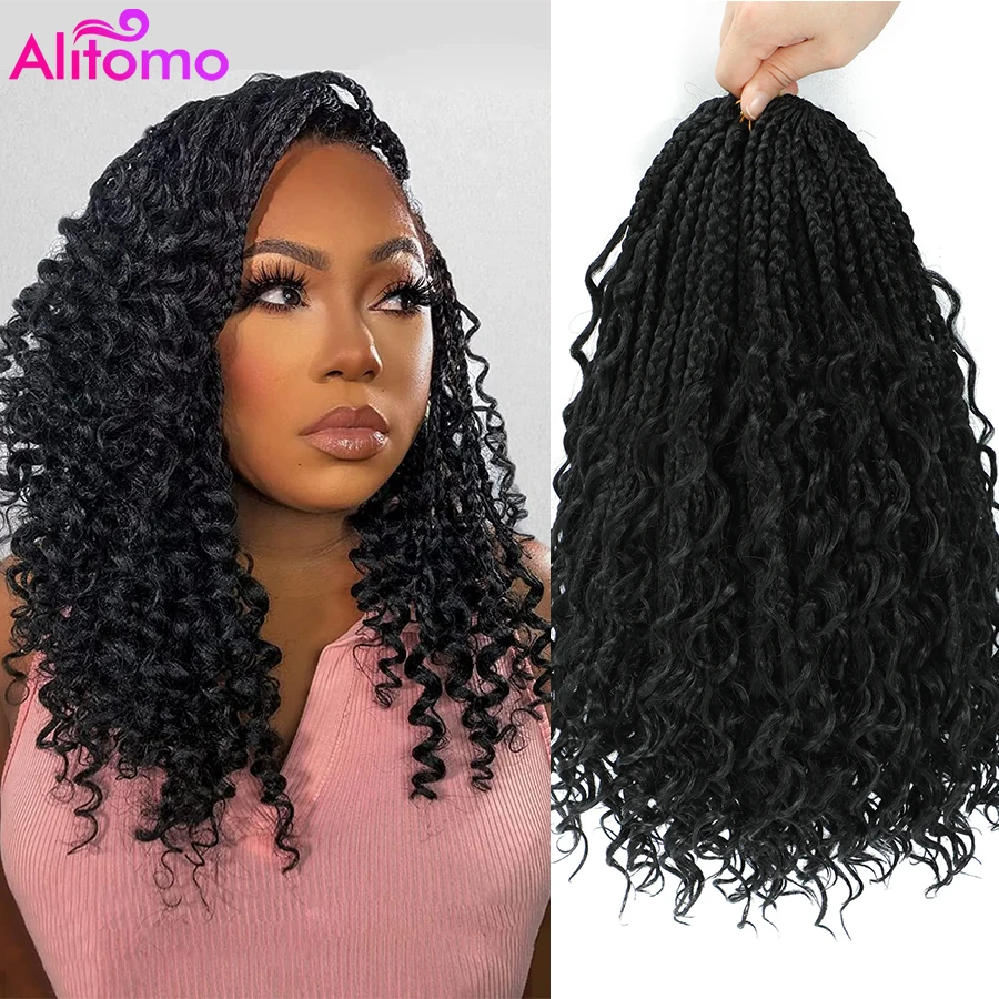 

Alitomo Bohomian Hippie Box Braids Crochet Hair for Women 3X Synthetic Goddess Box Braids Pre Looped With Curly Ends 14/18Inch