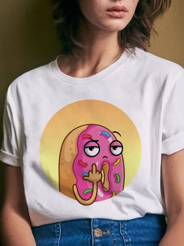 

Graphic Regular Tshirt Tee Top Female Woman Clothes T-shirts Short Sleeve O-neck Donut Fries Cartoon Print Plant Casual Cute