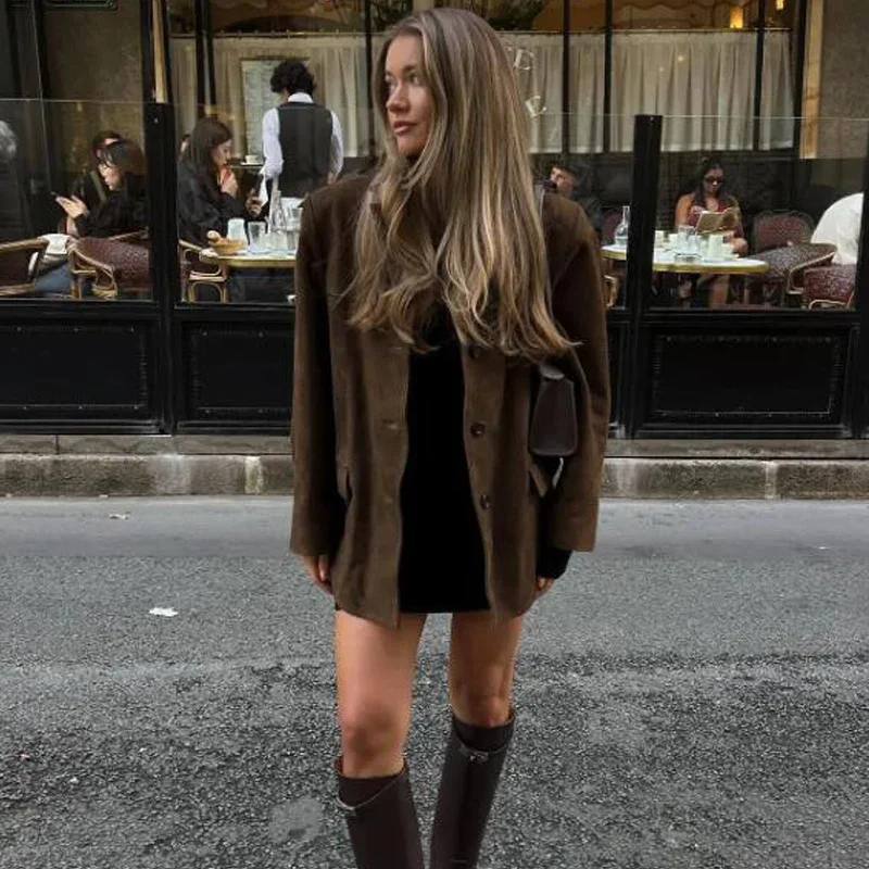 Женский замшевый Блейзер на пуговицах с длинным рукавом