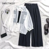 2022 summer new casual woman three piece sets chiffon thin shirt match black sling and wide leg pants female korean suits solid