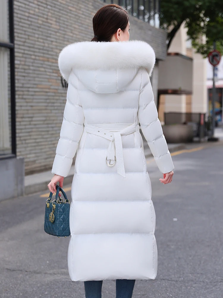 New Women Down Coat Winter Fashion Hooded Real Fox Fur Collar Belt Slim Long Down Jacket Thicken Warm White Duck Down Overcoat