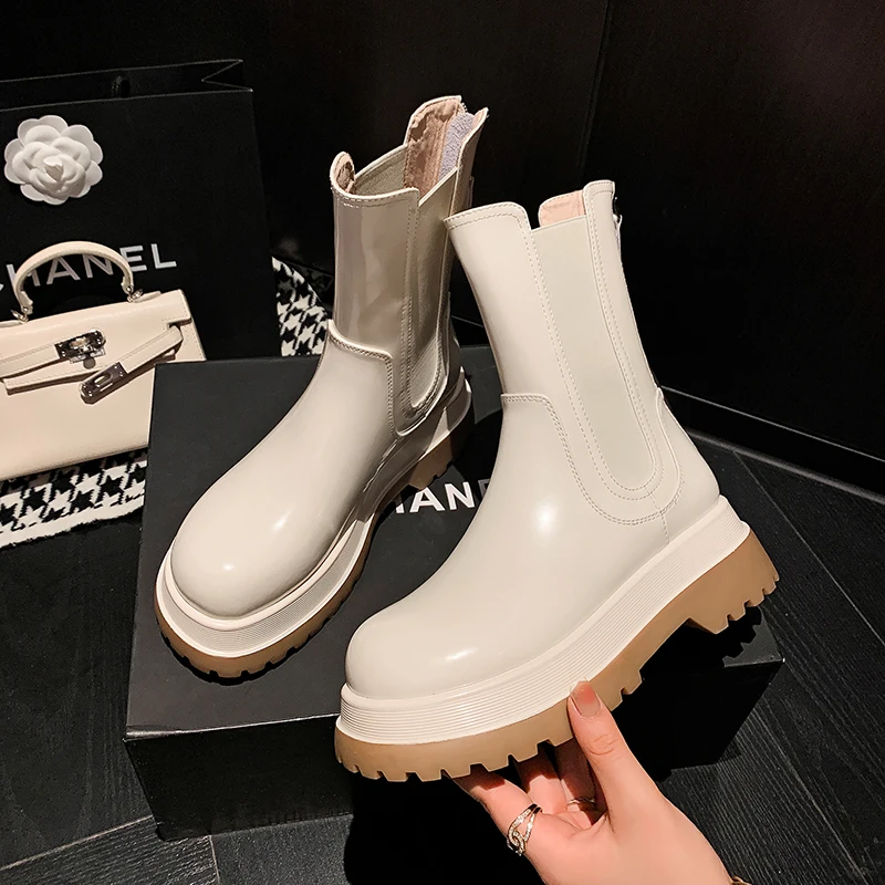 

2022 new Autumn and winter Women ankle boots natural leather 22-24.5cm cowhide full leather chimney boots platform chelsea boots