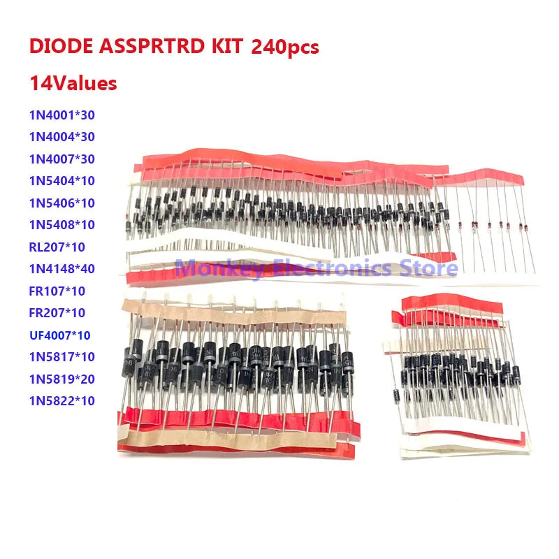 

240pcs Schottky Rectifier Diodes Assorted kit 14Values/BOX With BOX 1N5404 1N5406 1N5408 1N5822 1N4148 1N4001 1N4004 1N4007