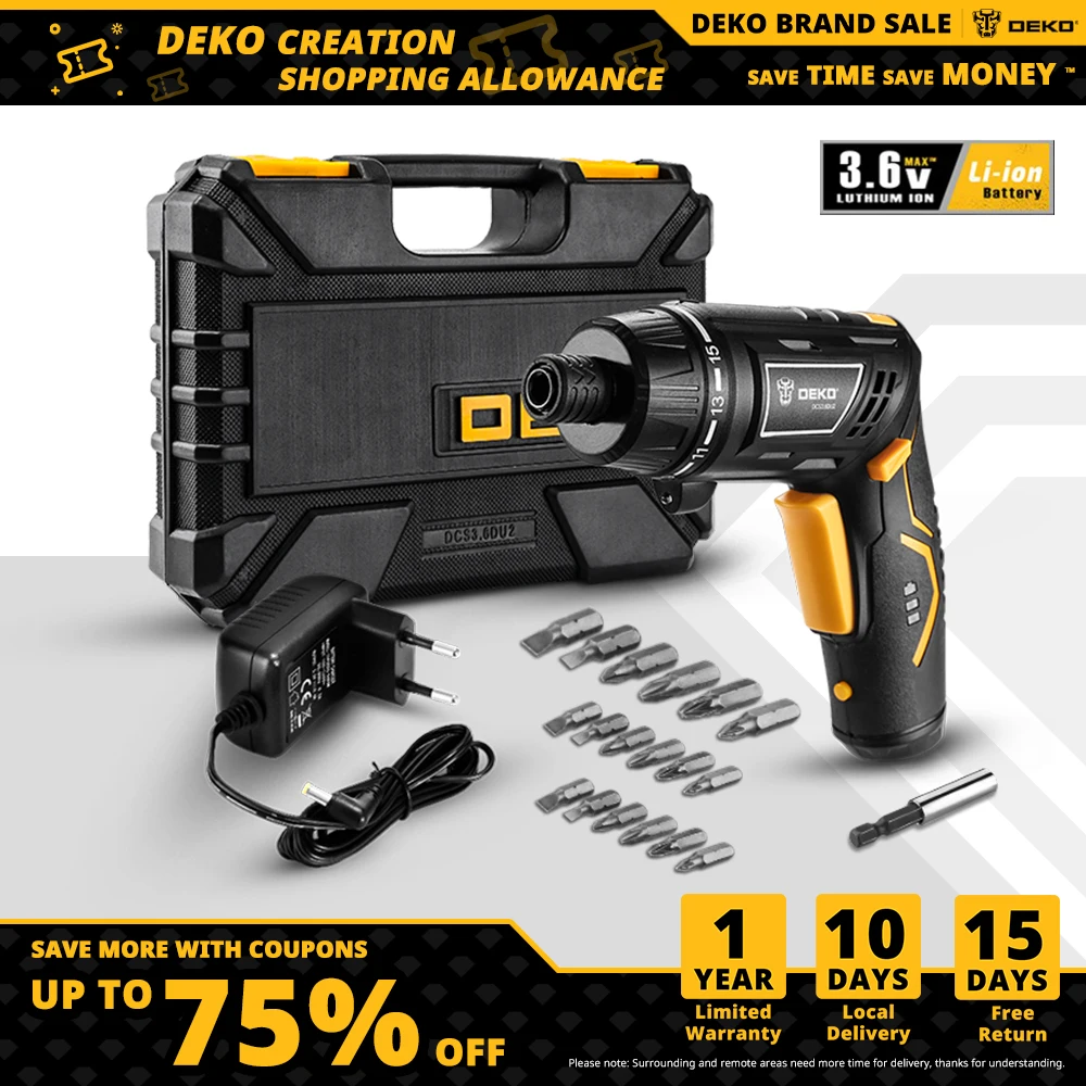 

DEKO DCS3.6DU2 Cordless Electric Screwdriver Household Rechargeable battery Screwdriver with Twistable Handle with LED Torch